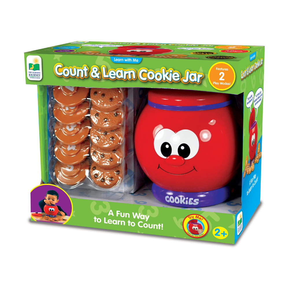 Count & Learn Cookie Jar learning toy with red smiling jar character and chocolate chip cookie pieces, ages 2+