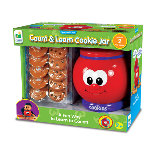 Count & Learn Cookie Jar learning toy with red smiling jar character and chocolate chip cookie pieces, ages 2+