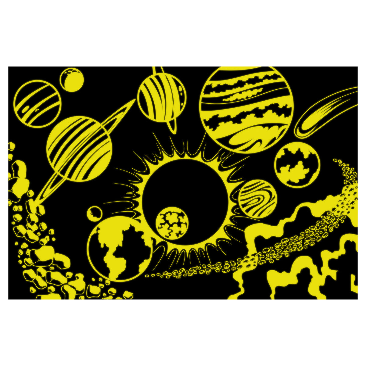Space Puzzle Doubles 100-piece glow-in-the-dark solar system puzzle with yellow planets and sun on black background