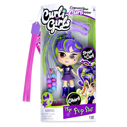Curli Curls Charli the Pop Star doll with purple and lime-green hair, purple outfit, includes styling tools and colorful beads for hair customization