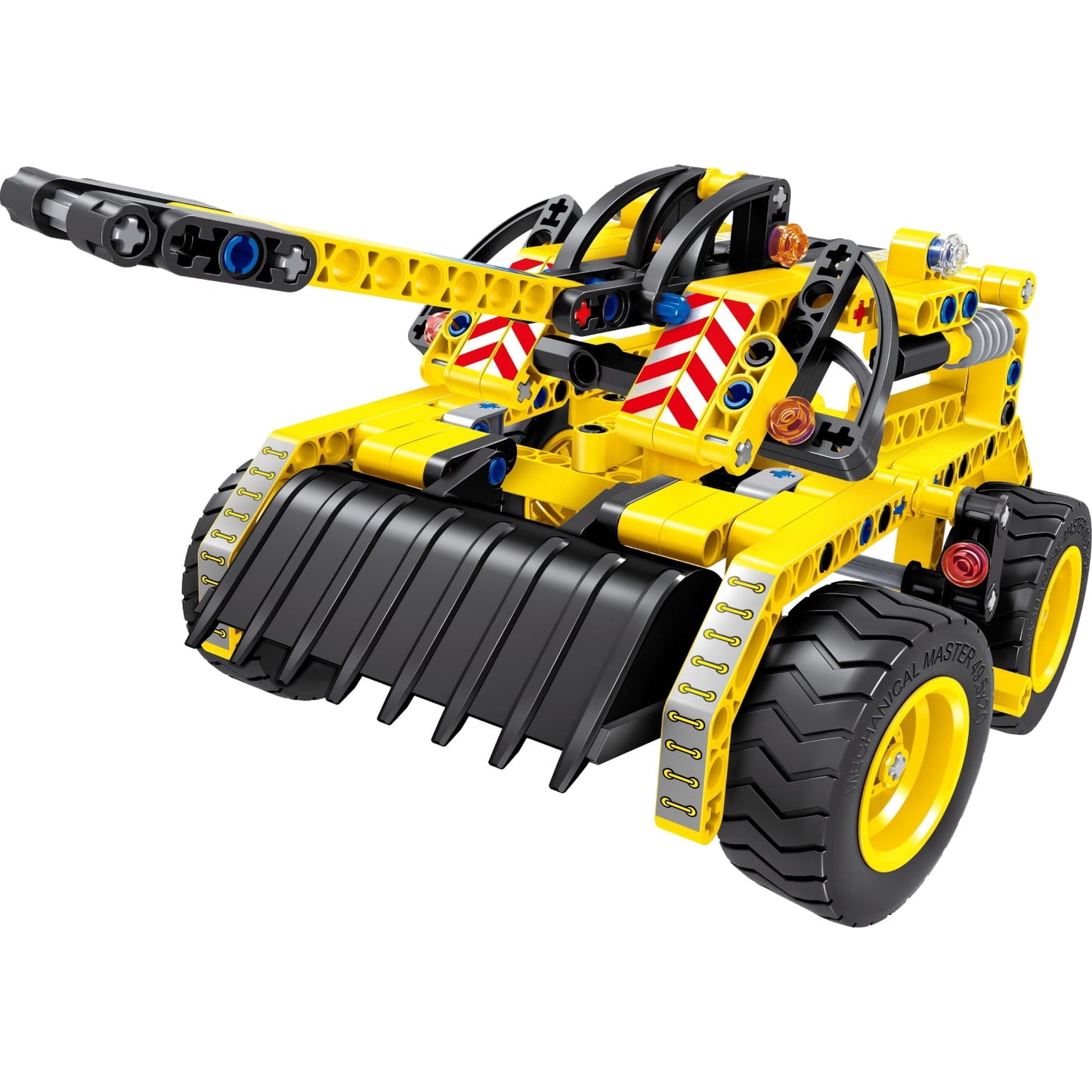 Yellow and black construction vehicle building set with articulated arm, rotating cannon turret, large bucket scoop, and black wheels on plain background