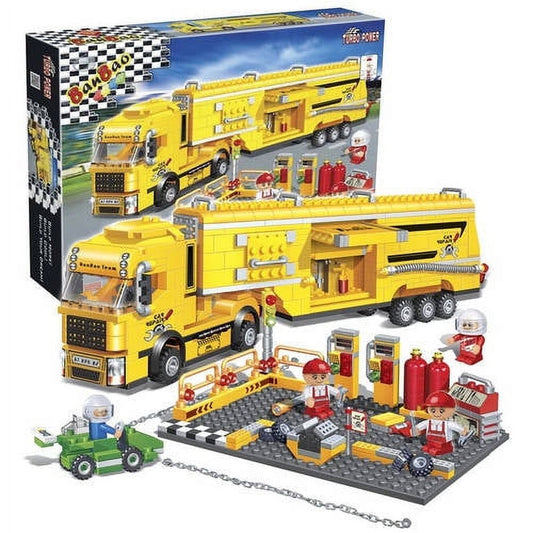 Yellow BanBao building set with racer maintenance truck, figures, service station base with checkered platform, gas pumps, tools, and small green vehicle