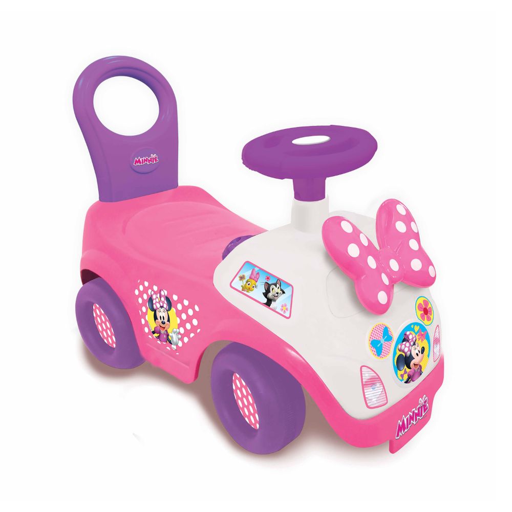 Minnie Mouse pink and purple ride-on toy with steering wheel, activity buttons, and polka-dot wing handles