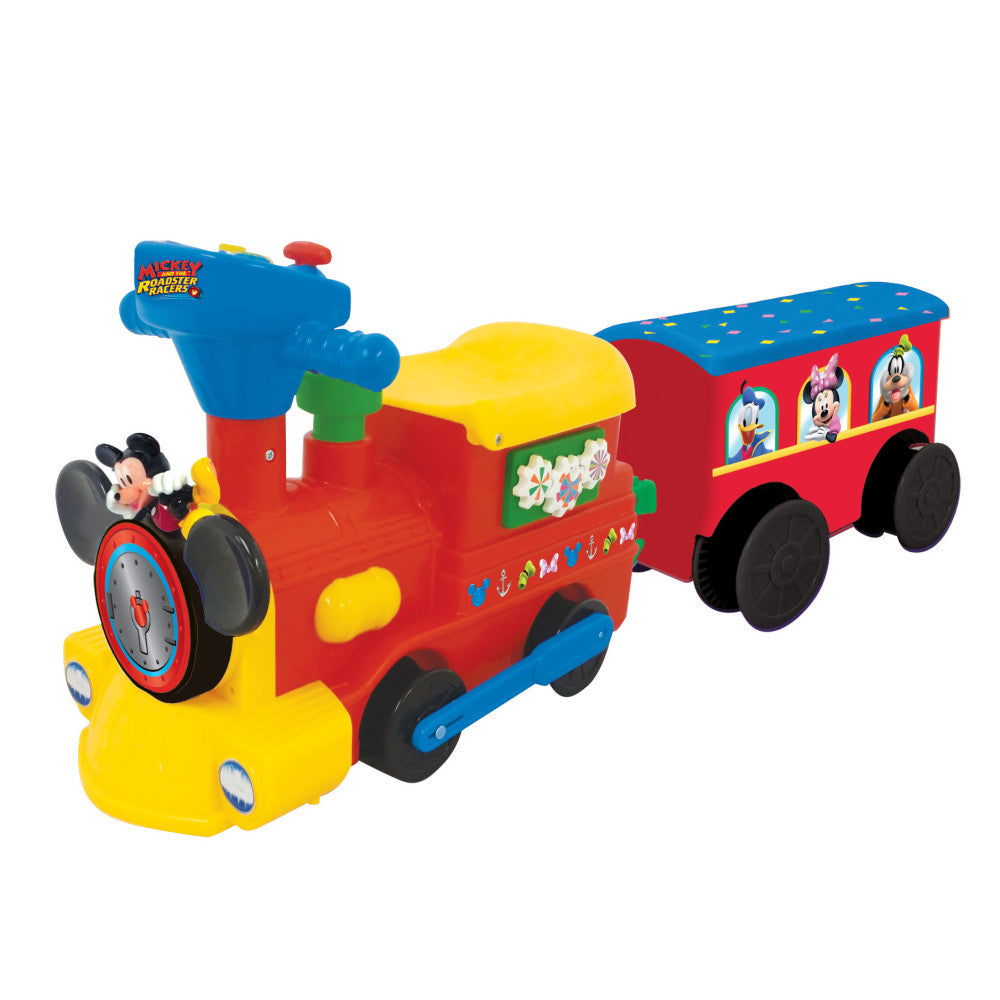 Mickey Mouse 2-in-1 battery-powered ride-on train with attached caboose, featuring red and yellow locomotive with blue smokestack and red caboose with black whe