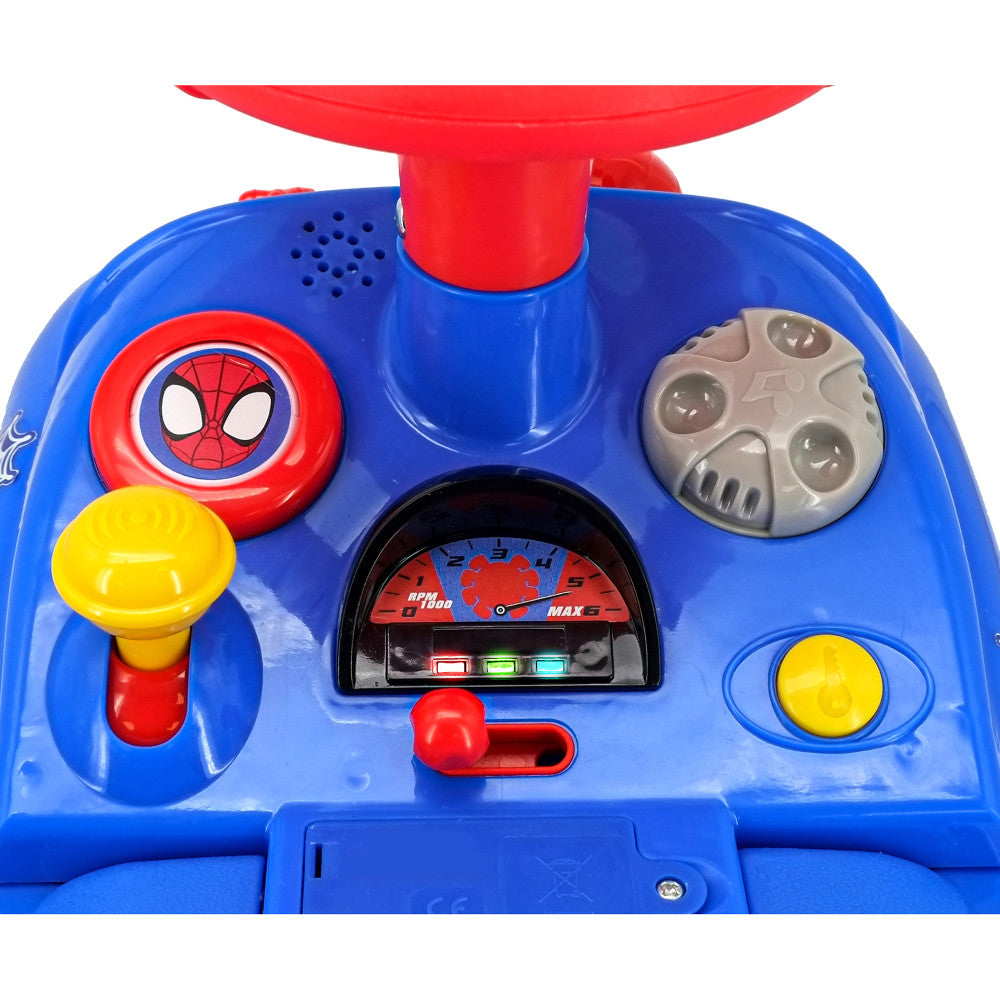 Kiddieland Spidey Web Racer blue ride-on toy with lights, sounds, and interactive dashboard