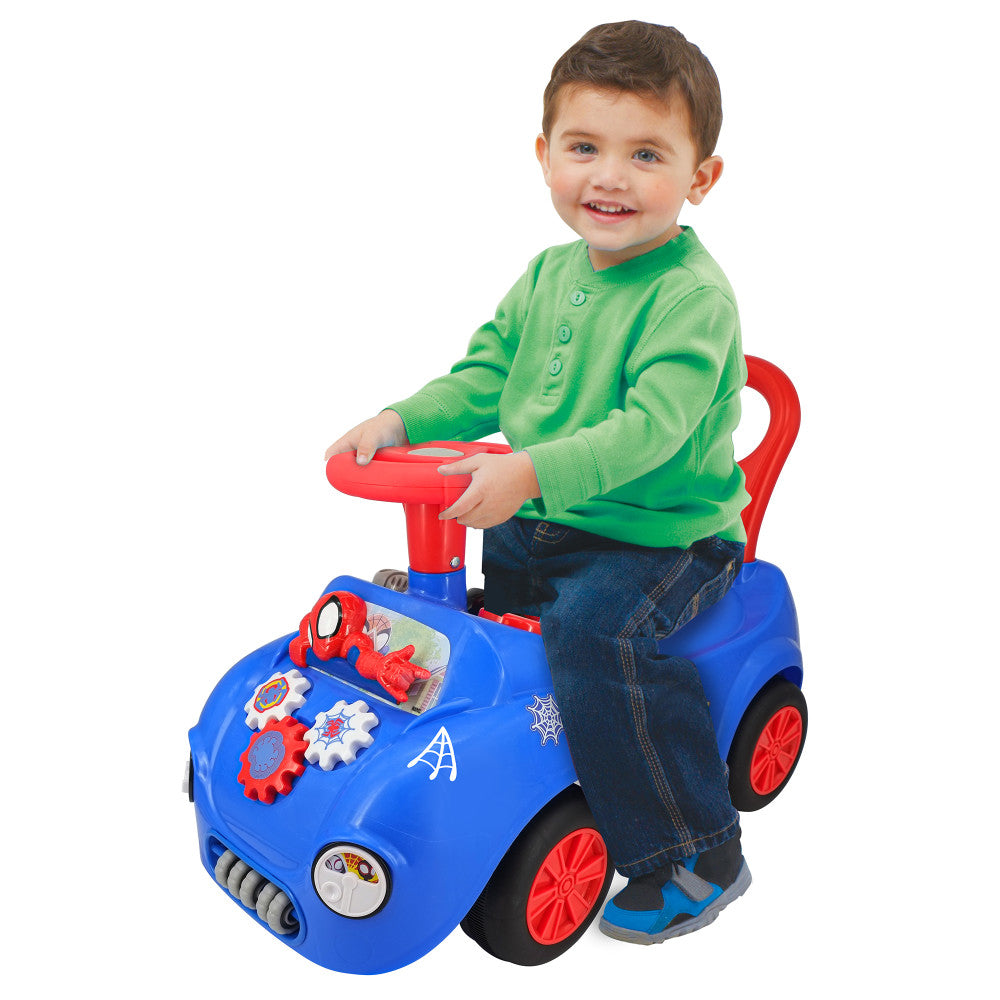 Kiddieland Spidey Web Racer blue and red ride-on toy with lights and sounds