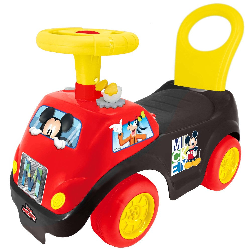 Kiddieland Disney Mickey Mouse red and yellow ride-on toy car with push handle and lights