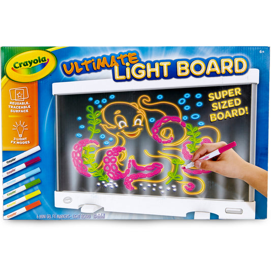 Crayola Ultimate Light Board with colorful neon drawings of octopuses and sea plants displayed on illuminated screen, modeled by a child holding a pink gel mark
