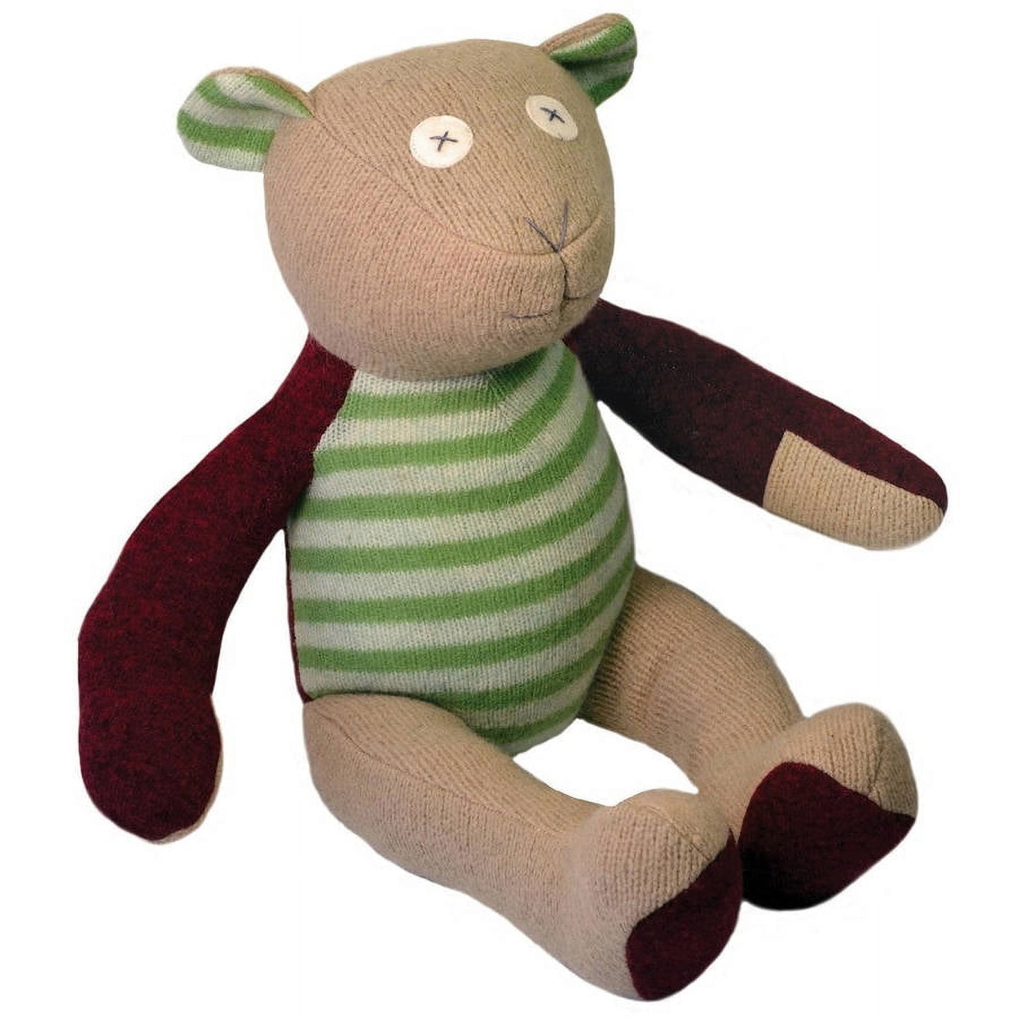 Tan knit bear plush with green striped shirt, burgundy and dark brown arms and feet, white eyes with X pupils