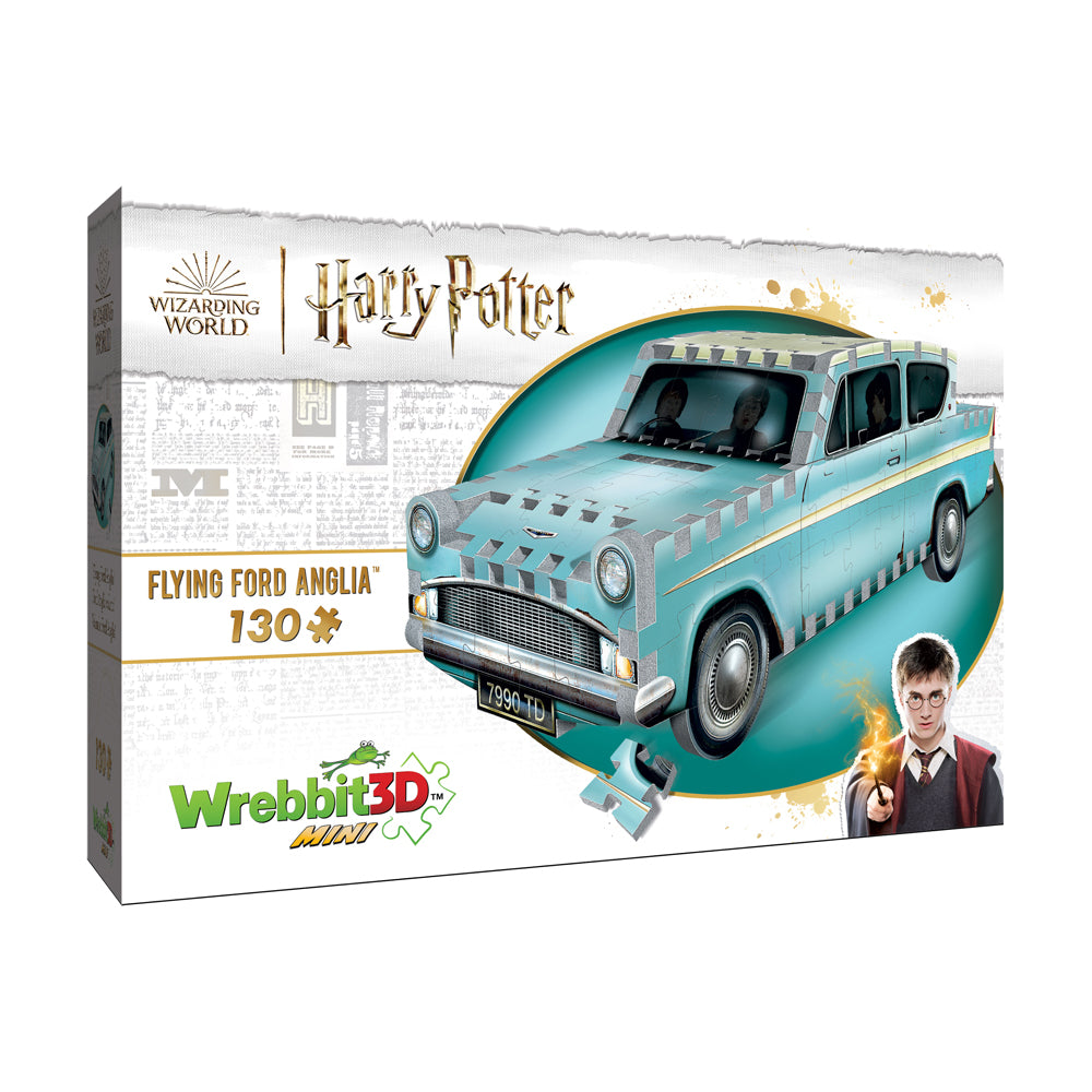 Wrebbit 3D Mini puzzle box featuring Harry Potter Flying Ford Anglia, light blue car with golden accents, 130 pieces, Wizarding World branding