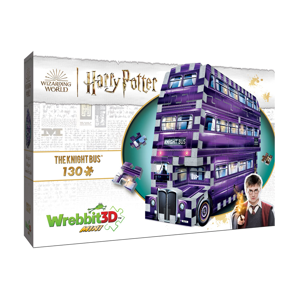 Wrebbit 3D Mini Harry Potter Knight Bus puzzle box showing purple triple-decker bus with 130 pieces