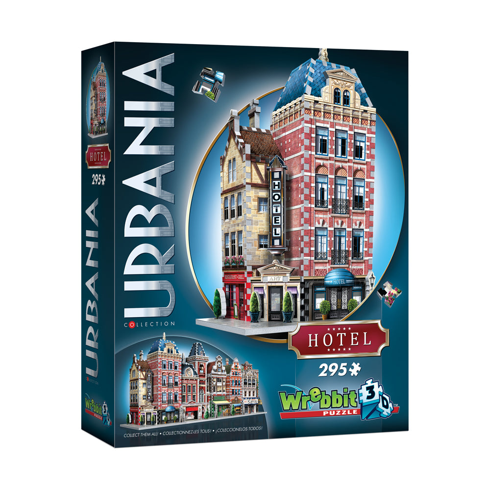 Wrebbit Urbania Collection Hotel 3D Puzzle box showing a colorful European-style hotel building with red brick and blue roof, 295 pieces