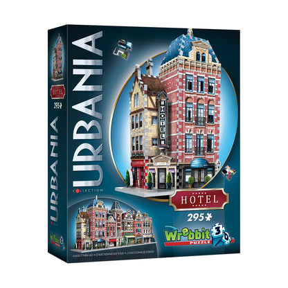Wrebbit Urbania Collection Hotel 3D Puzzle box showing a colorful European-style hotel building with red brick and blue roof, 295 pieces