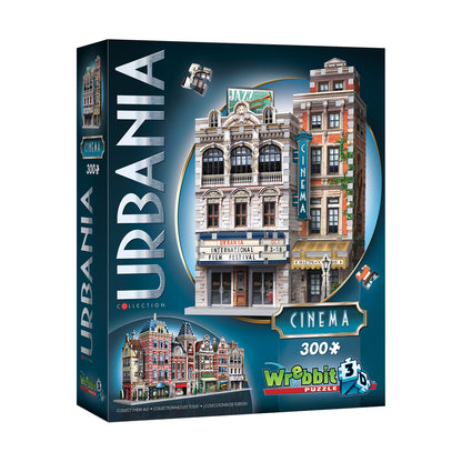 Wrebbit Urbania Collection Cinema 3D Puzzle 300-piece box showing detailed building models of jazz club, cinema, and vintage theater storefronts