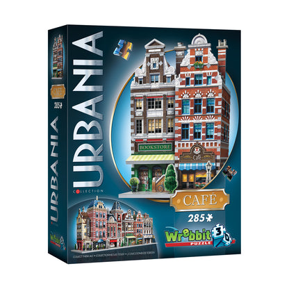 Wrebbit Urbania Collection Cafe 3D puzzle box showing a colorful brick building with bookstore and cafe storefronts, 285 pieces