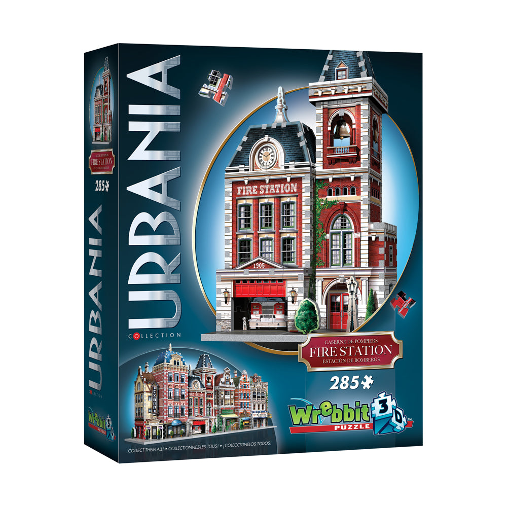 Wrebbit 3D puzzle box featuring red brick Fire Station building with clock tower, 285 pieces, Urbania Collection