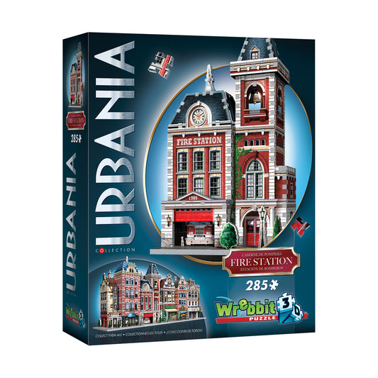 Wrebbit 3D puzzle box featuring red brick Fire Station building with clock tower, 285 pieces, Urbania Collection