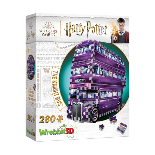 Wrebbit 3D puzzle box featuring purple Knight Bus from Harry Potter, 280 pieces, with product packaging and assembled bus display