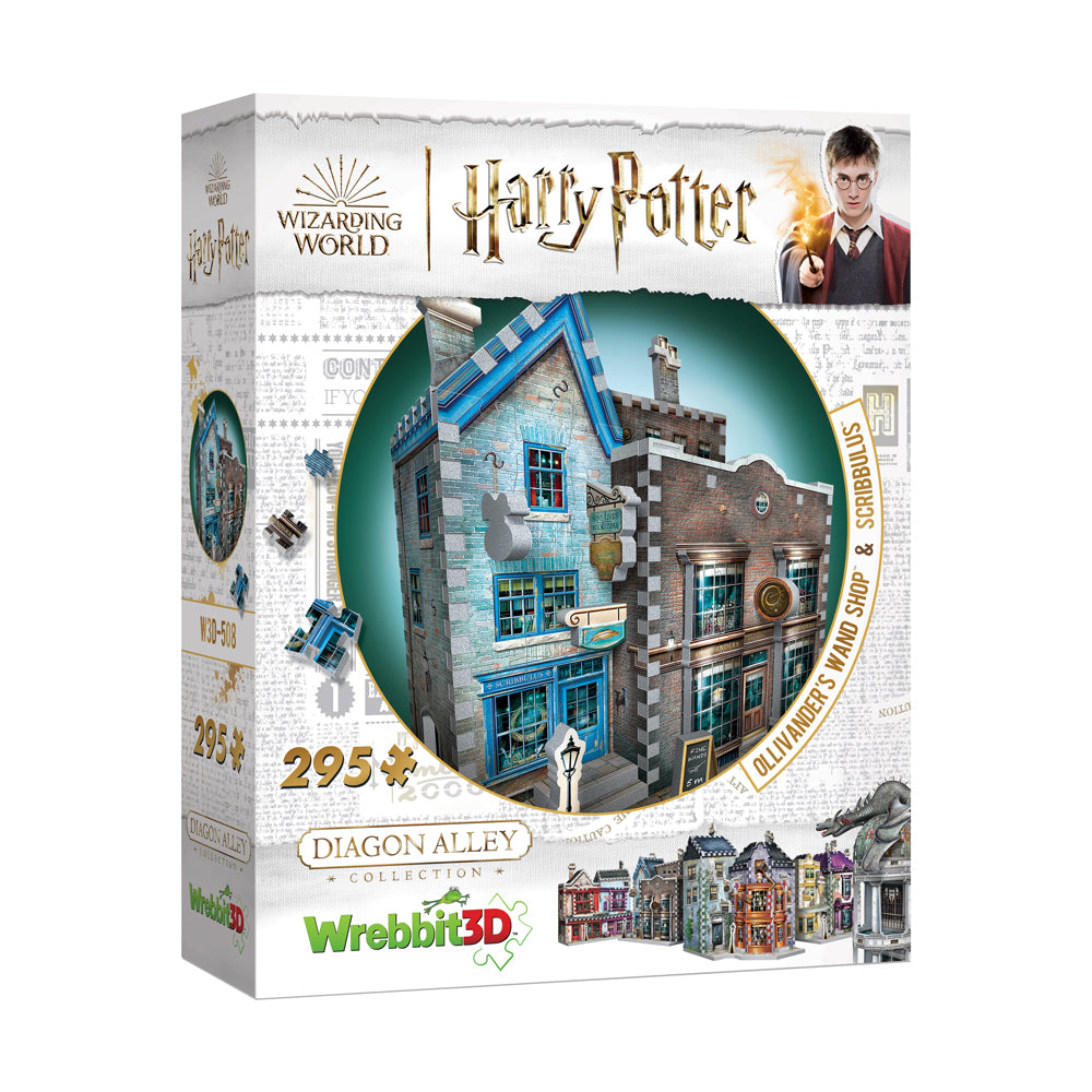 Harry Potter Diagon Alley Collection Ollivander's & Scribbulus 3D puzzle box showing assembled blue and brick buildings, 295 pieces by Wrebbit3D