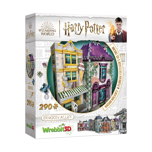 Wrebbit3D 290-piece Harry Potter puzzle box featuring Diagon Alley shops: Madam Malkin's & Florean Fortescue's Ice Cream, with yellow and purple building facade