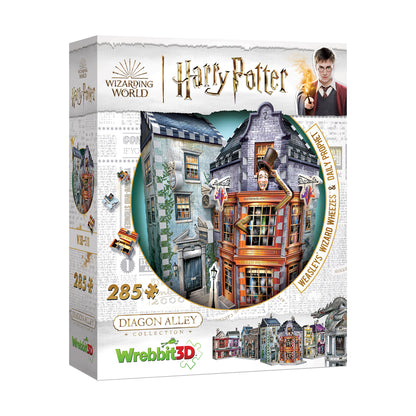 Wrebbit 3D puzzle box featuring Harry Potter Diagon Alley collection with 285-piece Weasleys' Wizard Wheezes and Daily Prophet buildings