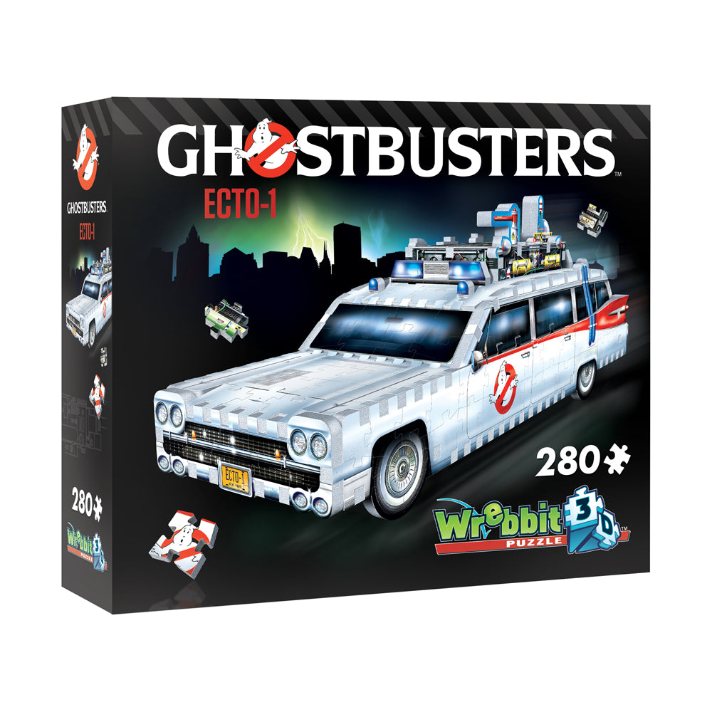 Ghostbusters ECTO-1 3D Foam Puzzle box featuring the iconic white ambulance with red stripes and ghost logo, 280 pieces, Wrebbit brand