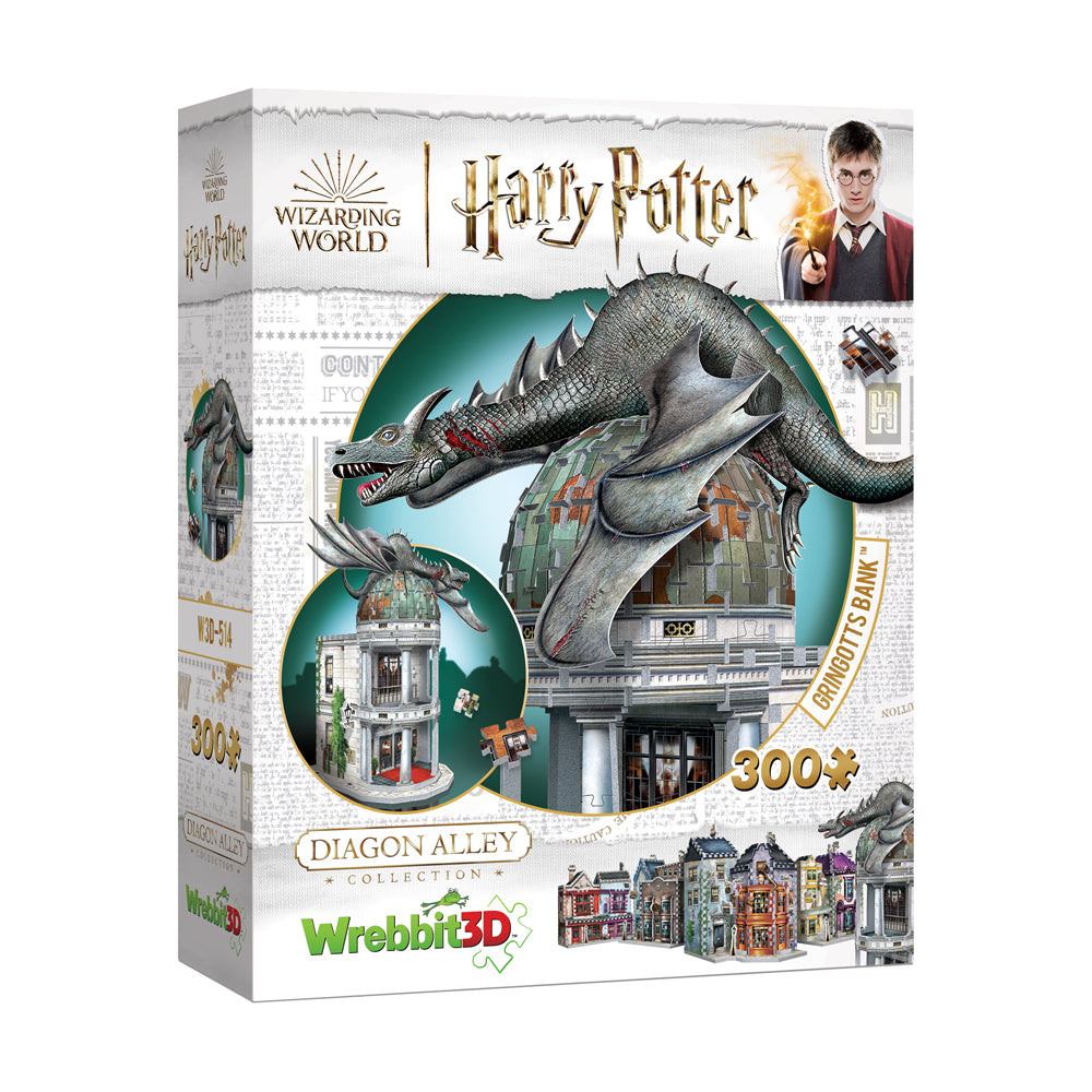 Wrebbit 3D puzzle box featuring Harry Potter Dragon Alley Gringotts Bank set with 300 pieces, showing a gray dragon perched atop a white stone building and a ci