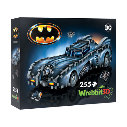Wrebbit 3D Batman Batmobile puzzle box showing assembled gray and blue armored vehicle with bat logo and DC branding, 255 pieces
