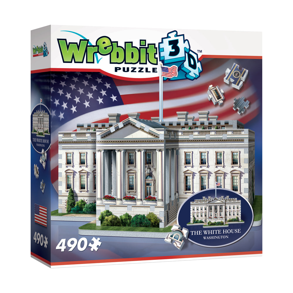 Wrebbit 3D Puzzle box featuring The White House 490-piece foam puzzle with American flag background and flying puzzle piece pieces