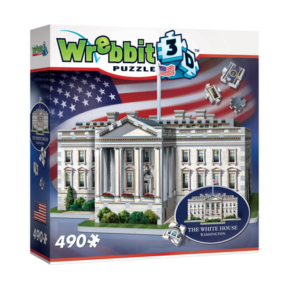Wrebbit 3D Puzzle box featuring The White House 490-piece foam puzzle with American flag background and flying puzzle piece pieces