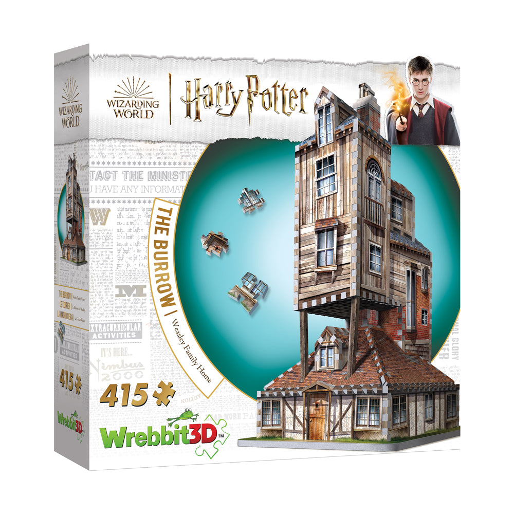 Wrebbit 3D puzzle box featuring The Burrow from Harry Potter, showing 415-piece foam puzzle with assembled building display and character image on packaging