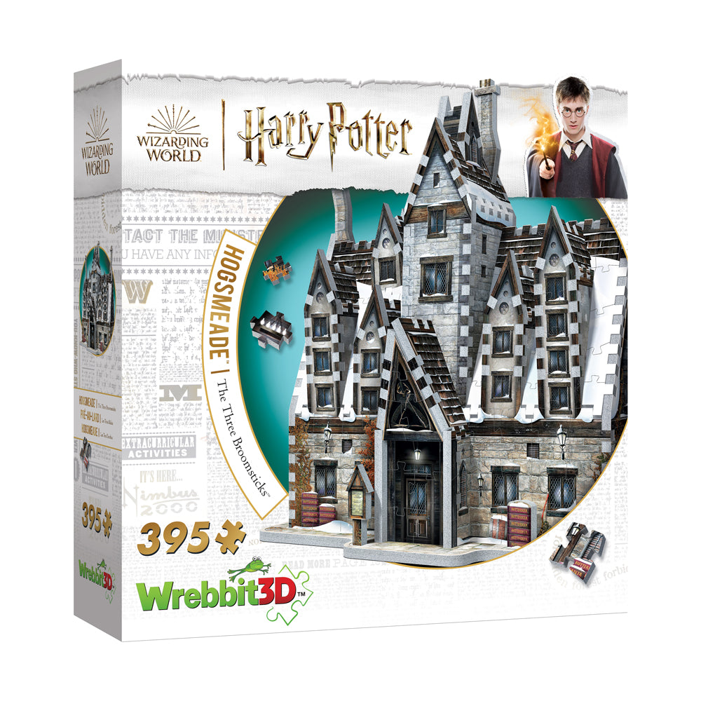 Wrebbit 3D puzzle box featuring Harry Potter's The Three Broomsticks building, 395 pieces, with assembled castle structure and character imagery displayed on pa