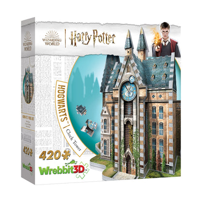 Wrebbit3D Harry Potter Hogwarts Clock Tower 420-piece 3D puzzle box showing assembled castle tower with clock face and Harry Potter character on model