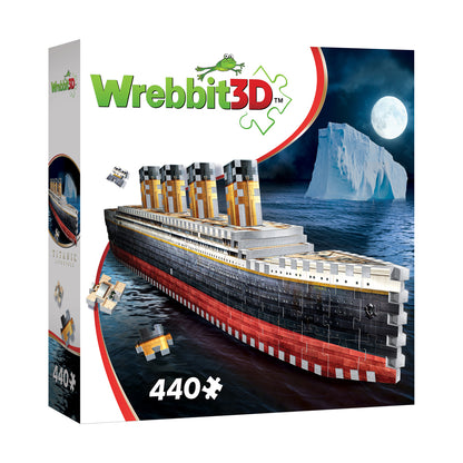 Wrebbit 3D Titanic puzzle box showing assembled 440-piece model of the ship in water with iceberg and moon in background
