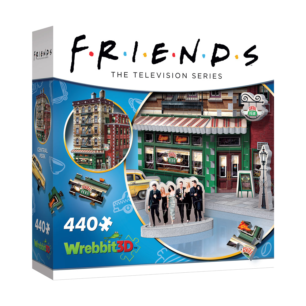Wrebbit Friends Central Perk 3D Jigsaw Puzzle box showing 440-piece set with Central Perk café building and cast of characters from Friends TV series