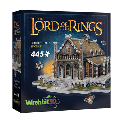 Lord of the Rings Golden Hall Edoras 3D puzzle box by Wrebbit3D showing 445-piece foam building set with assembled castle structure featuring thatched roof and