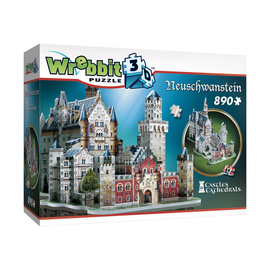 Wrebbit 3D Neuschwanstein Castle Foam Puzzle box showing completed castle model with 890 pieces, from Castles & Cathedrals collection