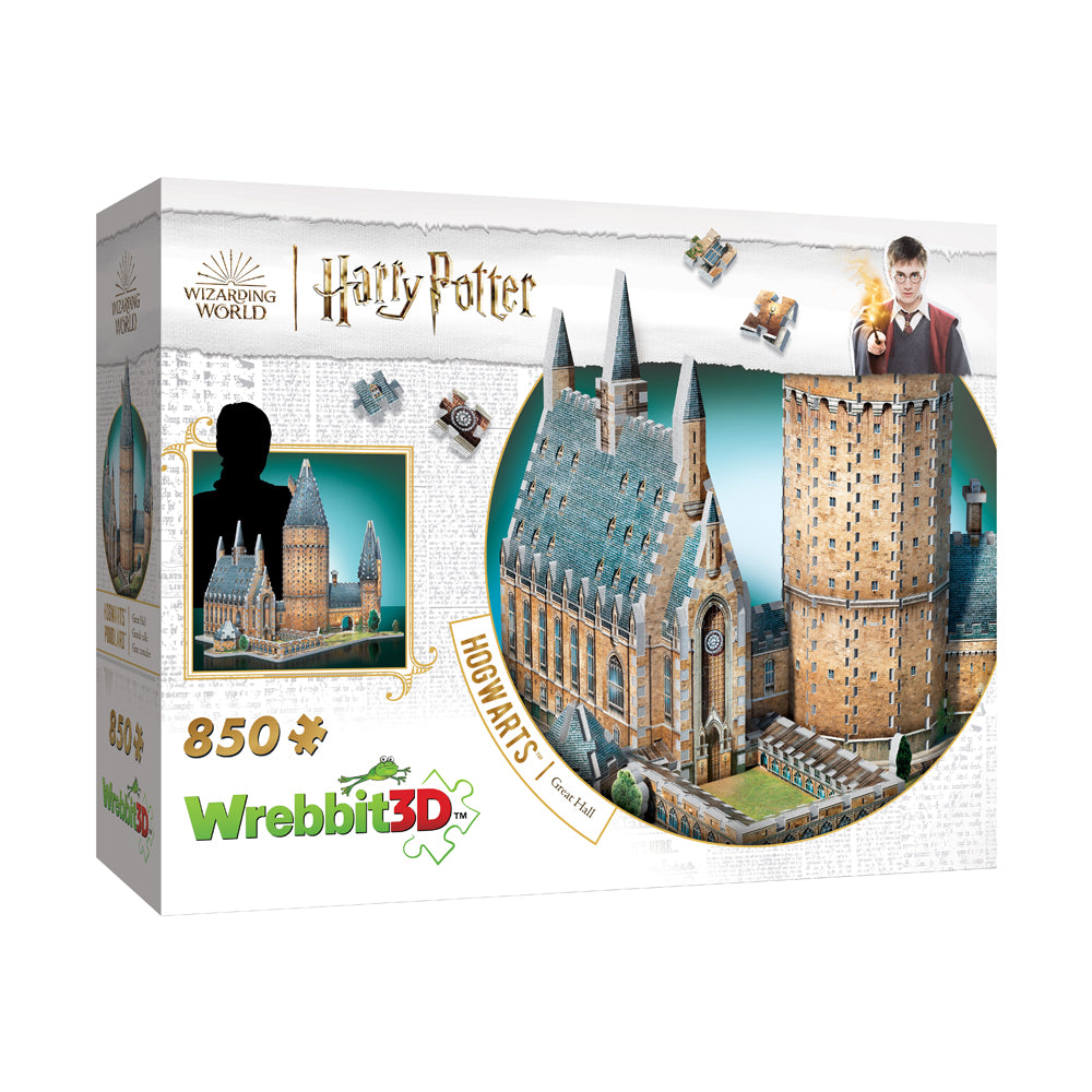 Wrebbit3D Harry Potter Hogwarts Great Hall 3D puzzle box showing 850-piece foam building set with castle towers and Great Hall structure