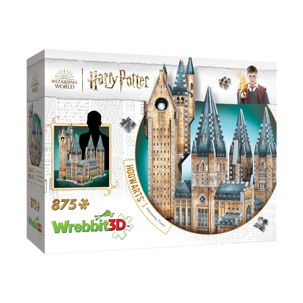 Wrebbit 3D puzzle box featuring Harry Potter Hogwarts castle with multiple towers, 875 pieces, Wizarding World branding
