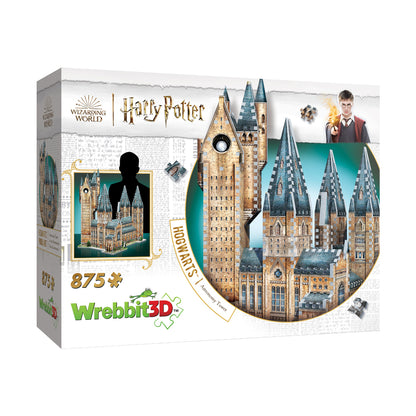 Wrebbit 3D puzzle box featuring Harry Potter Hogwarts castle with multiple towers, 875 pieces, Wizarding World branding