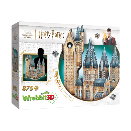 Wrebbit 3D puzzle box featuring Harry Potter Hogwarts castle with multiple towers, 875 pieces, Wizarding World branding