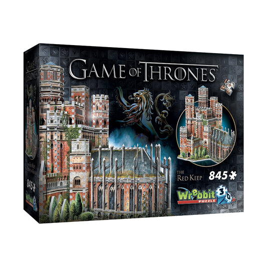 Wrebbit Game of Thrones The Red Keep 3D puzzle box showing 845-piece castle structure with red brick towers, detailed architectural elements, and series logos