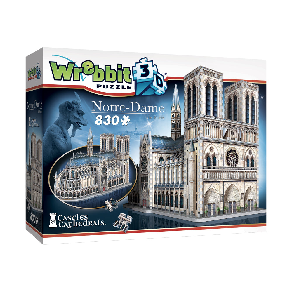 Wrebbit 3D Notre-Dame de Paris 830-piece puzzle box showing detailed architectural model of the cathedral with gargoyle statue and interior scene displayed on p