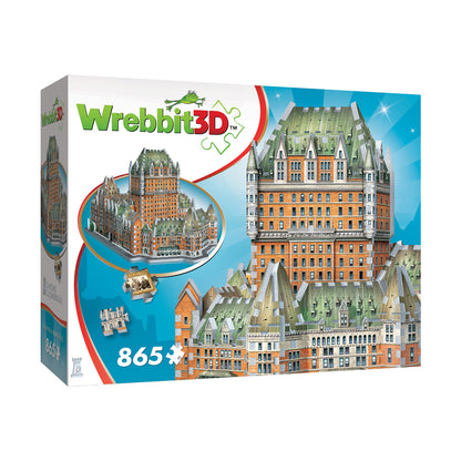 Wrebbit 3D Puzzle box featuring a colorful 865-piece castle building set with orange brick and green roofed architecture inspired by Chateau Frontenac