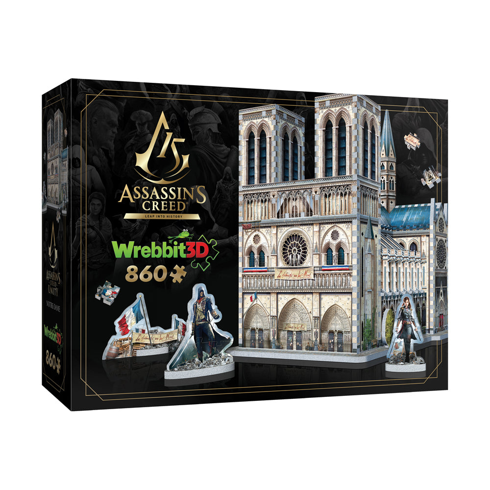 Wrebbit 3D puzzle box featuring Assassin's Creed Unity Notre-Dame Cathedral set with 860 pieces, including architectural building model and character figurines