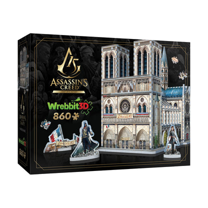 Wrebbit 3D puzzle box featuring Assassin's Creed Unity Notre-Dame Cathedral set with 860 pieces, including architectural building model and character figurines