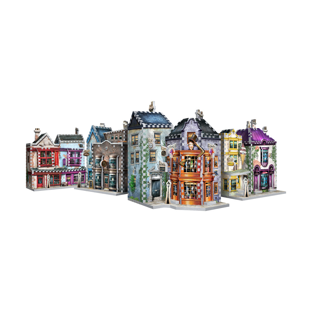 Wrebbit Harry Potter Diagon Alley 3D puzzle set showing six colorful interconnected building structures including shops and storefronts on plain background