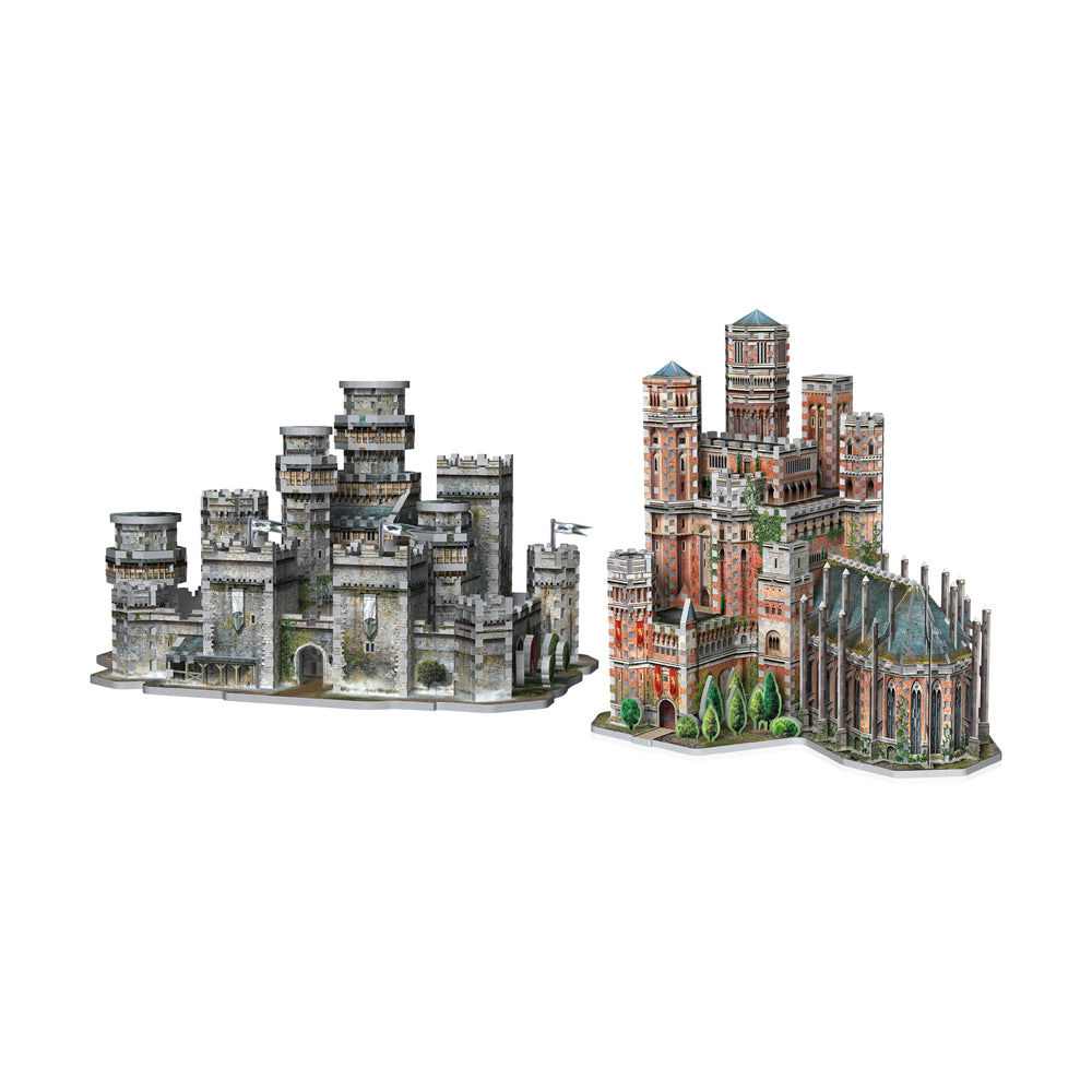 Two detailed 3D puzzle castle models side by side: gray stone Winterfell on left, red brick Red Keep on right with green foliage details