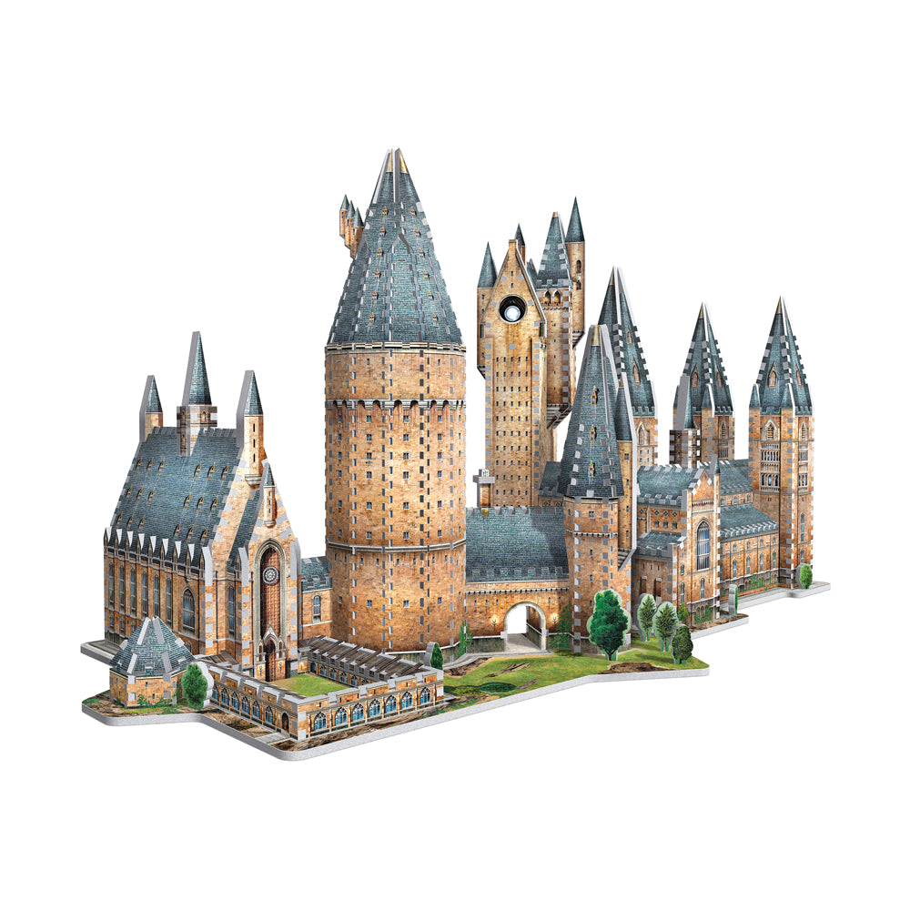 Wrebbit 3D puzzle of Hogwarts Castle with multiple towers, brick walls, slate roofs, and landscaped base on plain background