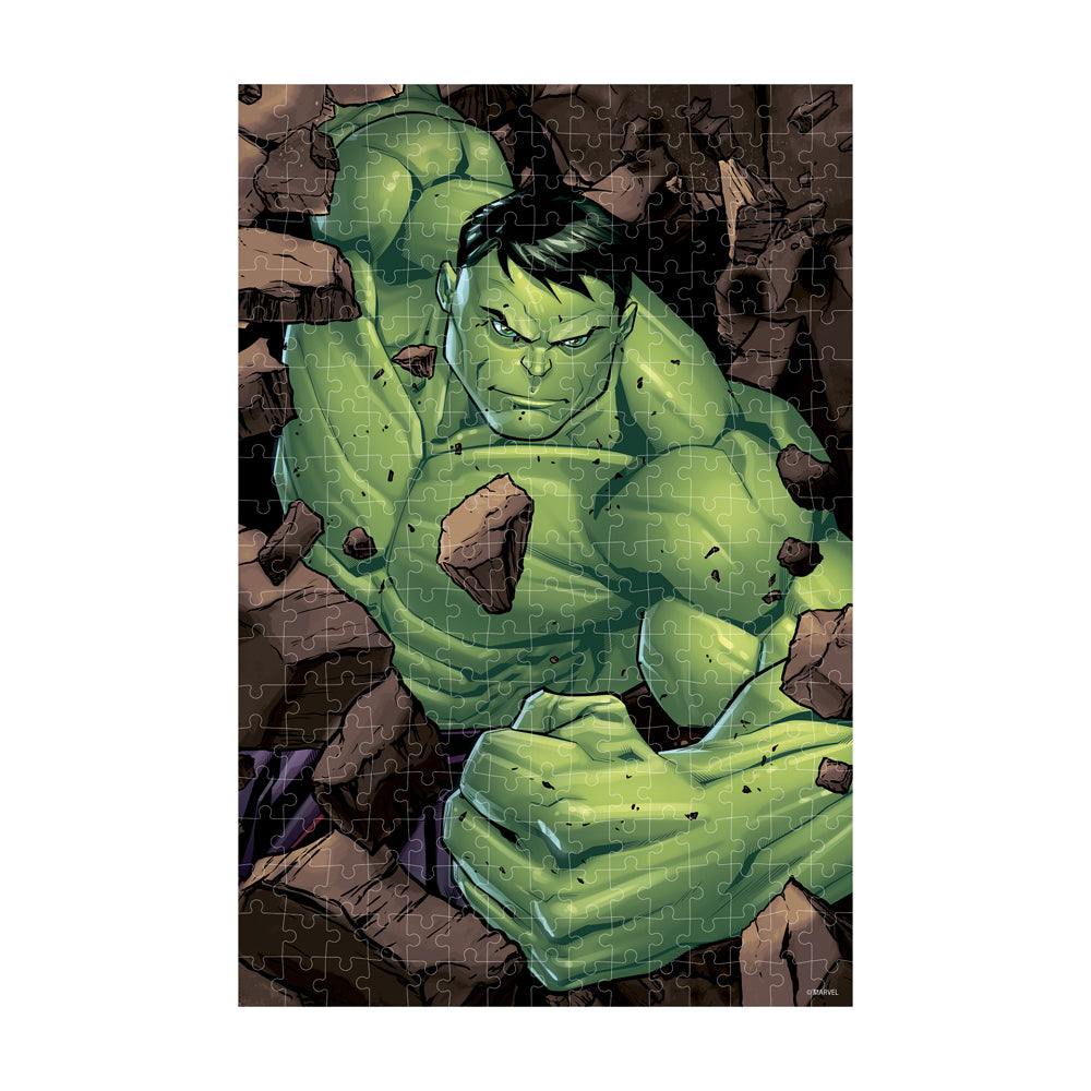 Marvel Avengers Incredible Hulk 3D Lenticular Puzzle featuring green muscular Hulk character surrounded by brown rocks, 300 pieces